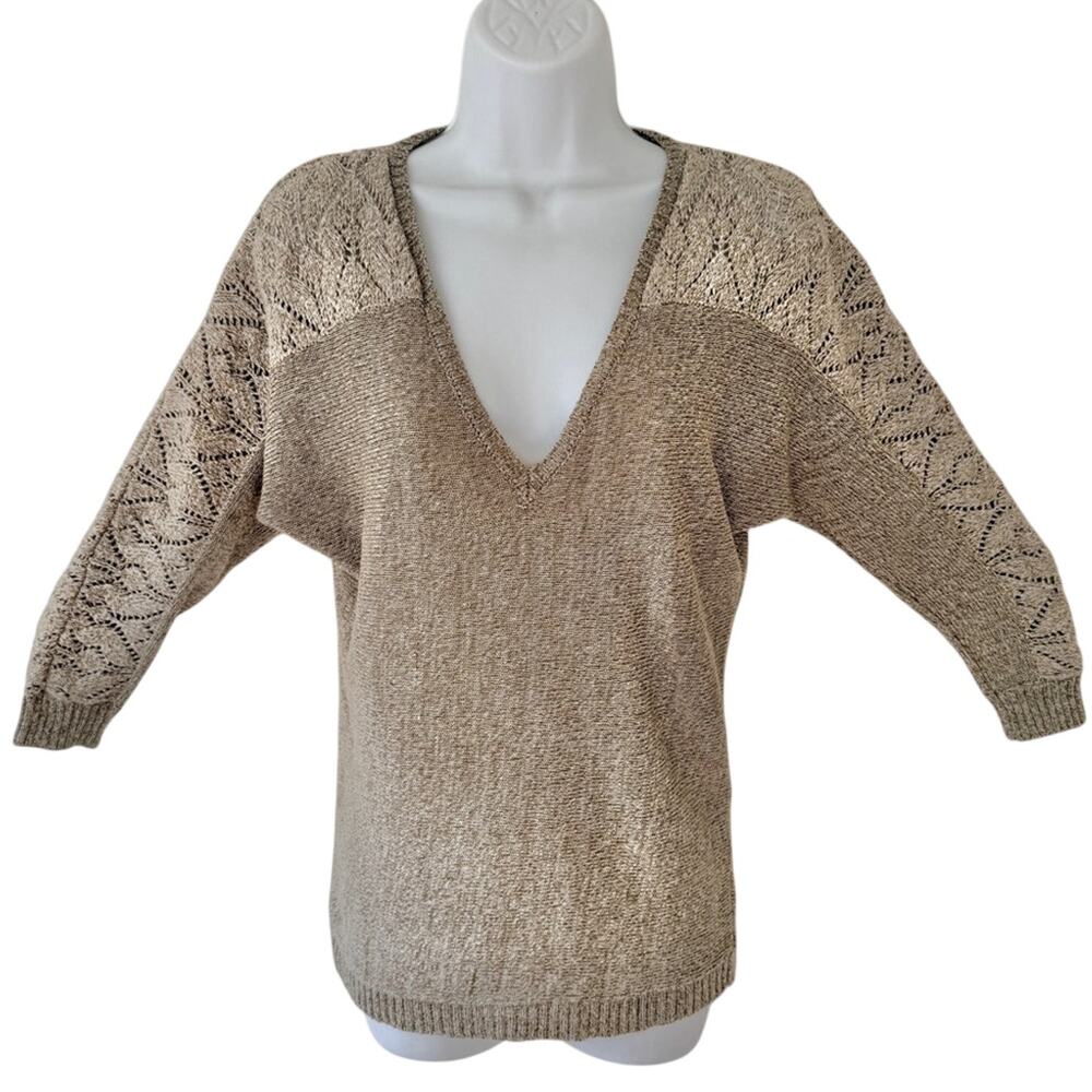 New York & Company Beige Tan V Neck Women's Bracelet Sleeve Knit Sweater Size S